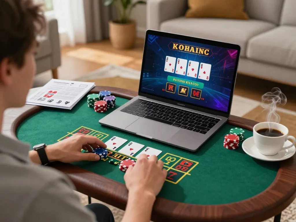 Player engaged in live dealer blackjack on laptop while wearing a casual sweater, showcasing a relaxed yet strategic online gaming experience at 789P.