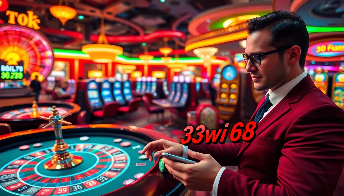 Pemain yang terlibat dengan tablet permainan 33win68 dikelilingi oleh elemen kasino, menunjukkan kegembiraan dan kemewahan.