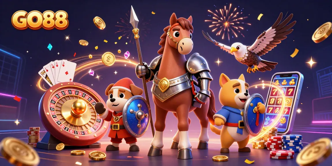 Engage in exciting gameplay at GO88 with vibrant scenes of casino action featuring key characters and elements.