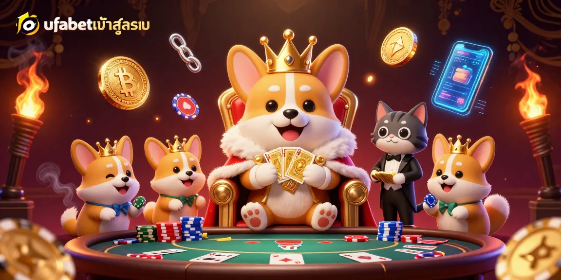 Experience ufabetเข้าสู่ระบบ with a royal corgi in a vibrant poker scene, showcasing dynamic elements.