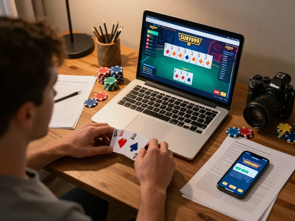 Pemain SURYA999 terlibat dalam permainan poker online yang strategis, menampilkan antarmuka berwarna-warni dan suasana rumah yang imersif.
