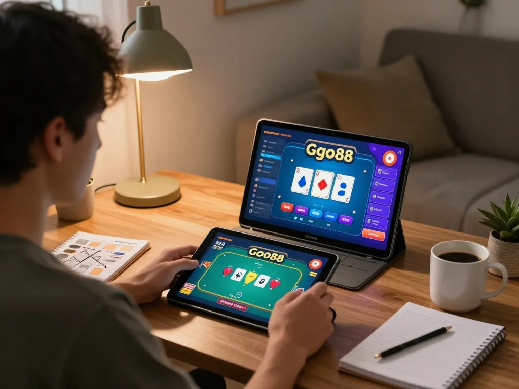 Engaging user playing Go88 on tablet in a cozy home gaming setup