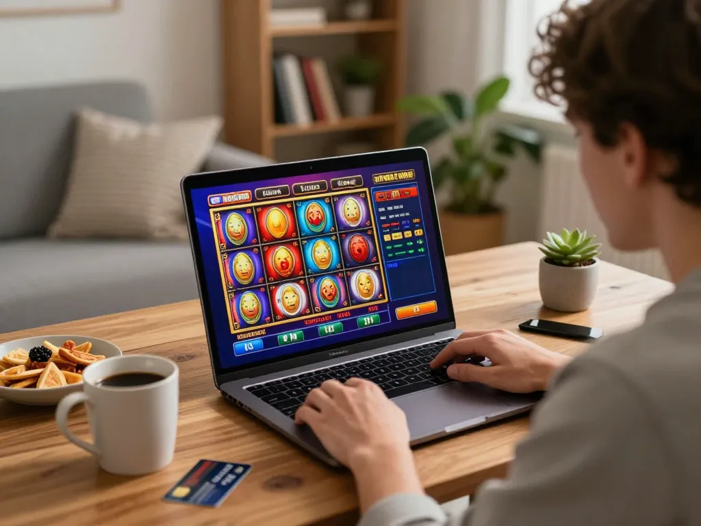 Engaged player enjoying online slots at casinos that accept credit cards in a cozy home setting.
