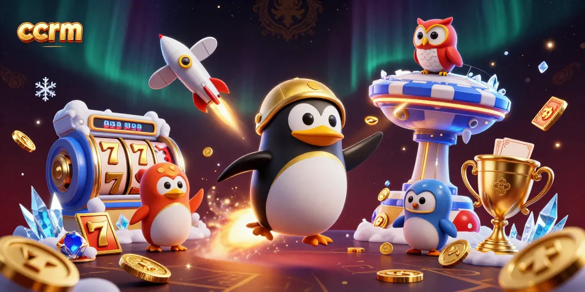 Experience casino excitement with ccrm, featuring a penguin flying to a poker chip space station, surrounded by vibrant slot game elements.