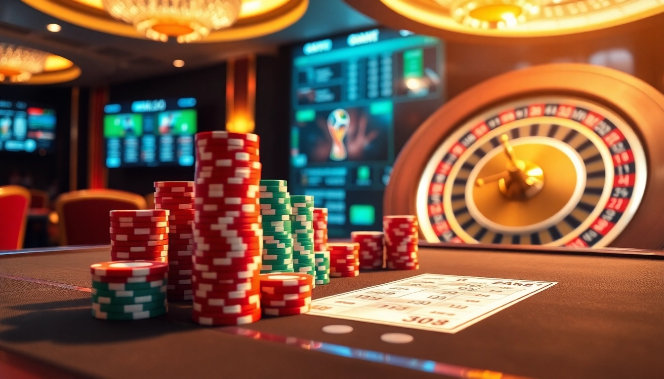 Bet on Judi Bola Piala Dunia 2028 with excitement at an upscale casino betting table.