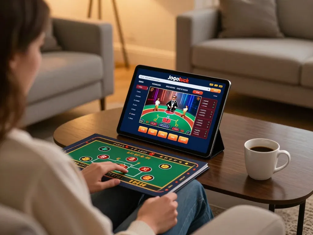 Player enjoying an engaging online casino experience on Jogoluck tablet, cozy home atmosphere.