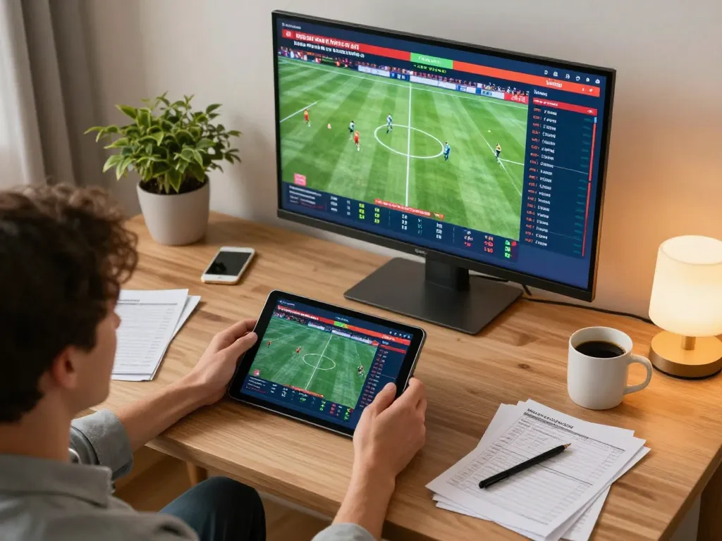 Engaged bettor using tablet for live kèo bóng đá updates in a cozy home setup.