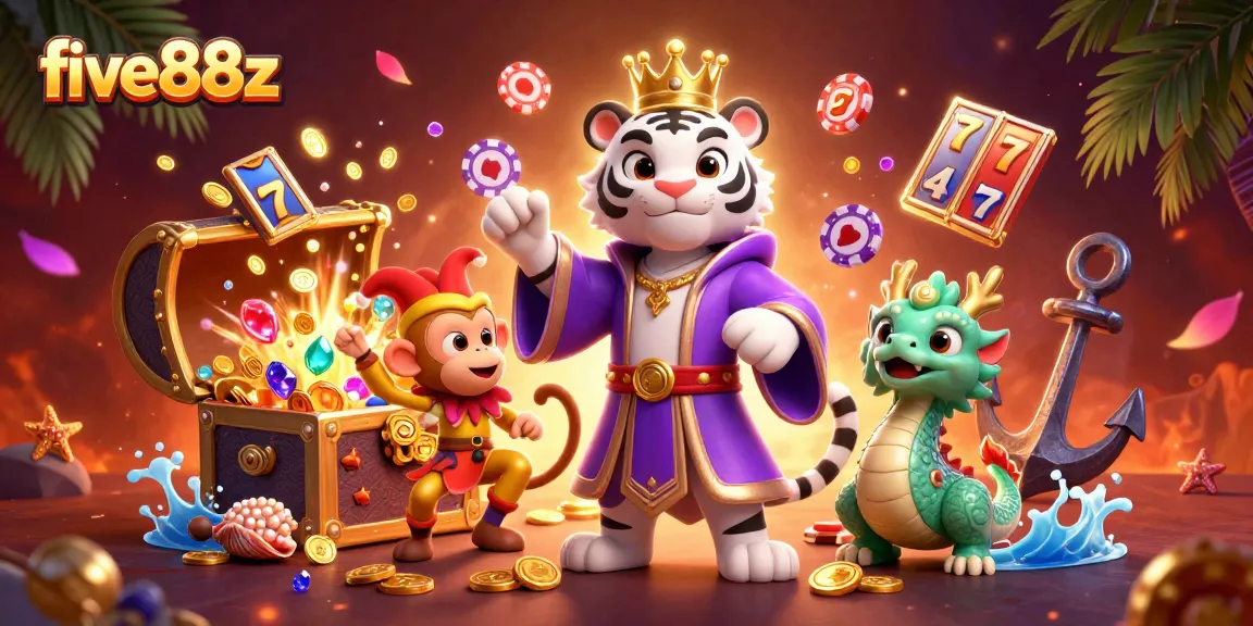Engage with five88z's vibrant online casino experience featuring a tiger, monkey, and dragon amidst treasures.