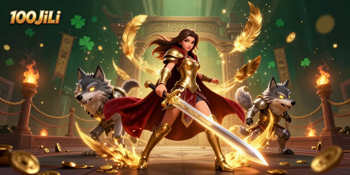 Engage with thrilling adventures at 100JiLi featuring a striking warrior queen and glowing wolf amidst a vibrant casino atmosphere.