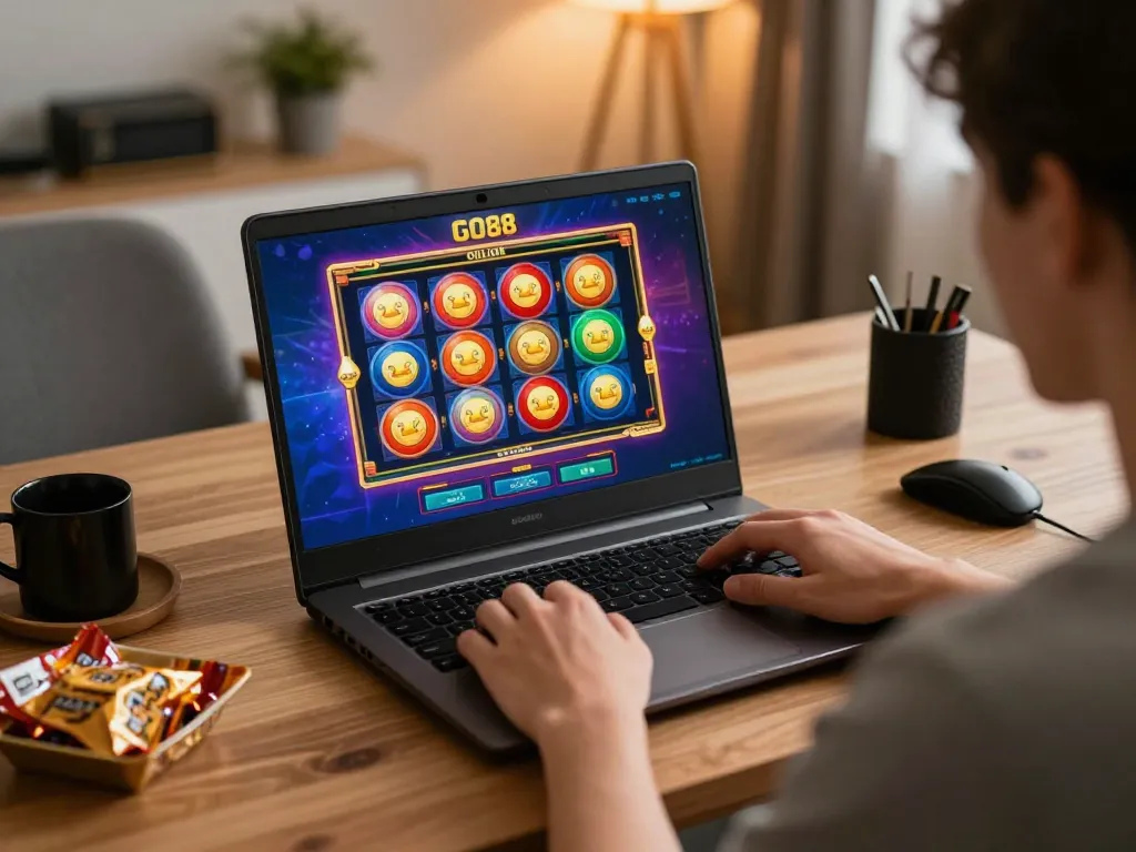 Engaged player enjoying GO88 online casino gameplay on laptop with colorful game display.