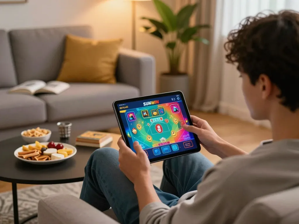 SUNWIN app user enjoying mobile casino games on a cozy sofa, showcasing vibrant gameplay.