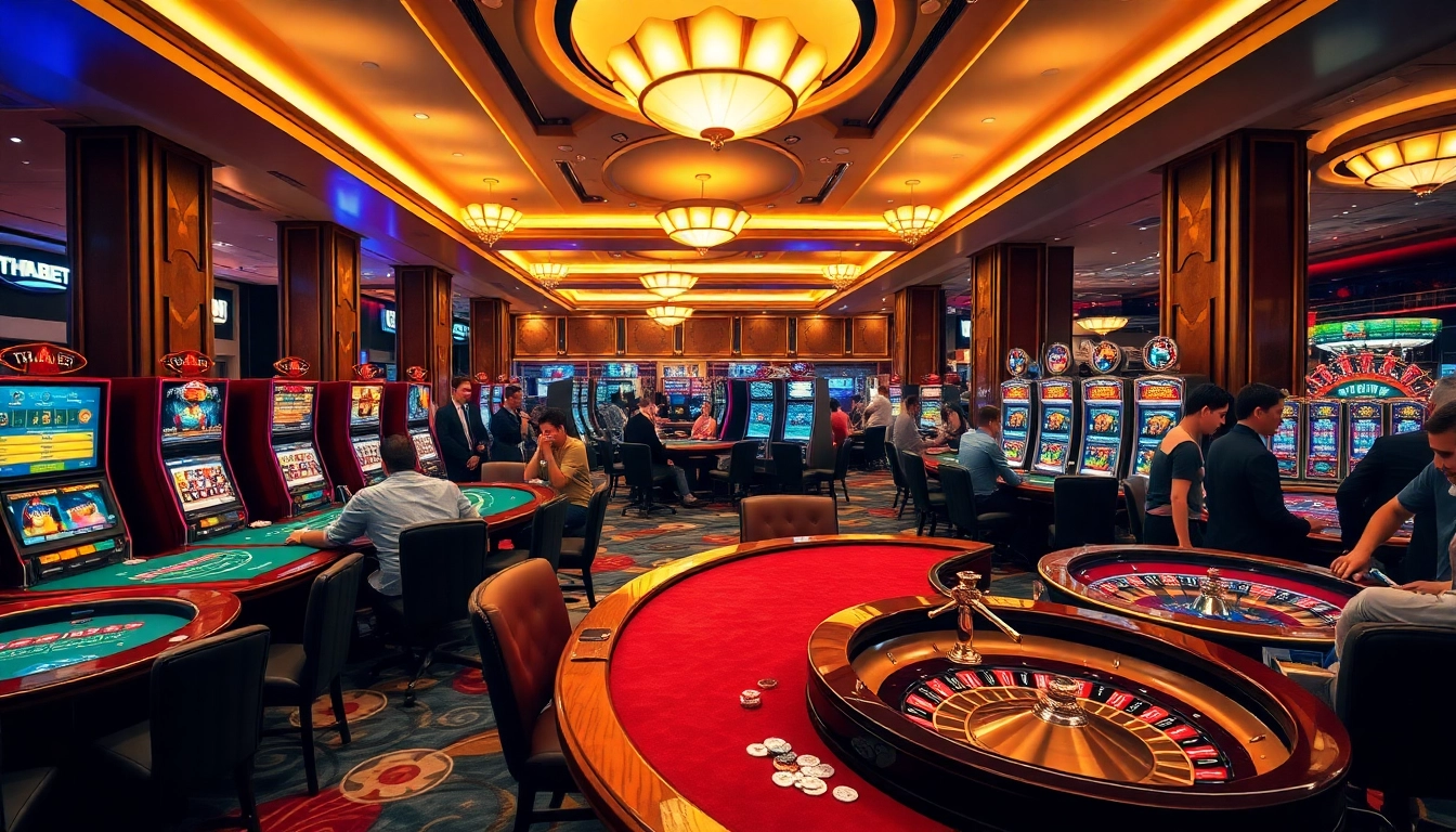 players enjoying a vibrant poker game at thabet casino, amidst colorful slot machines and roulette wheels
