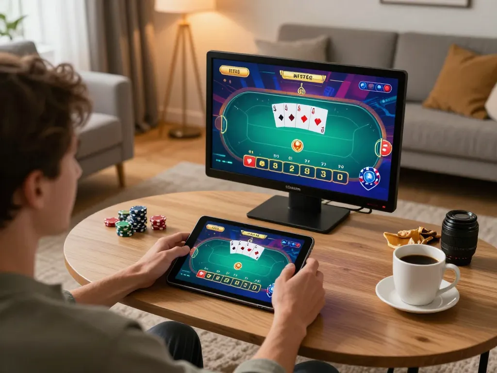 Player enjoying qq88 online poker in a stylish setting, highlighting engaging gameplay and strategy.