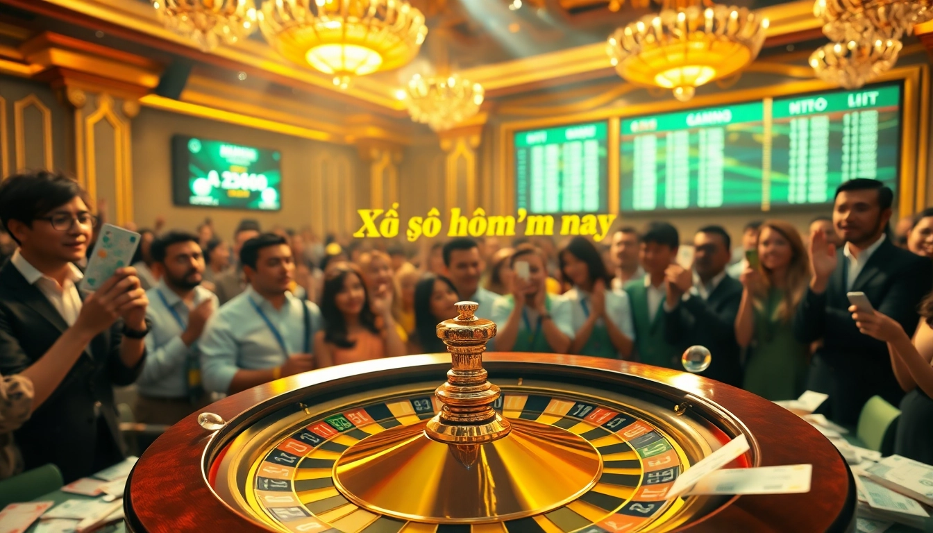 Xổ số hôm nay lottery drawing event showcasing excitement and anticipation with spectators and a roulette wheel.