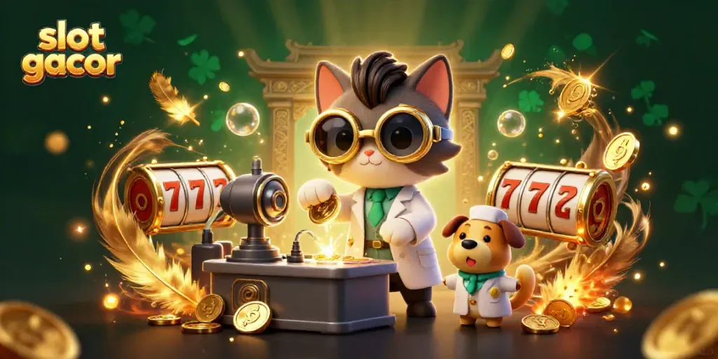 Engage with slot gacor excitement through a cartoon scene of a cat scientist creating coins and lucky symbols.