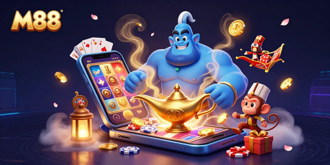 M88 promotes excitement with a genie, monkey, and colorful gaming action in a vibrant casino scene.