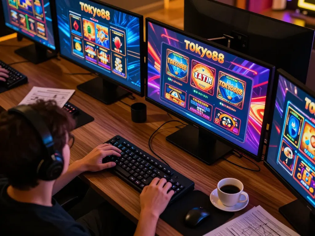 Pemain menikmati slot online tokyo88 dengan beberapa layar dan catatan strategi dalam pengaturan permainan yang nyaman.