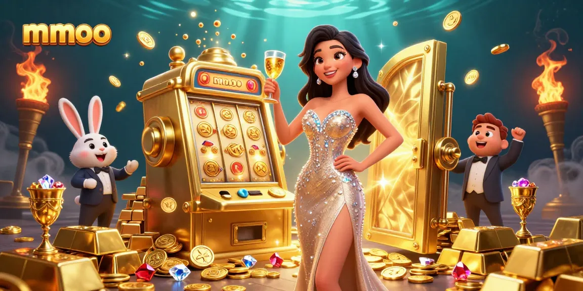 Experience mmoo's dazzling casino excitement with a stunning woman beside a golden jackpot slot machine.