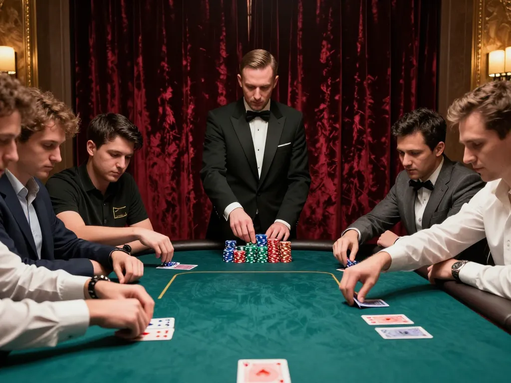 Pemain terlibat dalam poker taruhan tinggi di kasino mewah, menunjukkan strategi KING55.