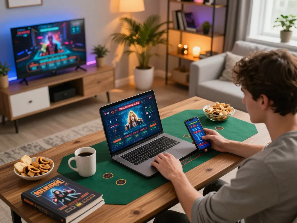 Engaged player using dash88 on a laptop, enjoying online gambling in a cozy home setup