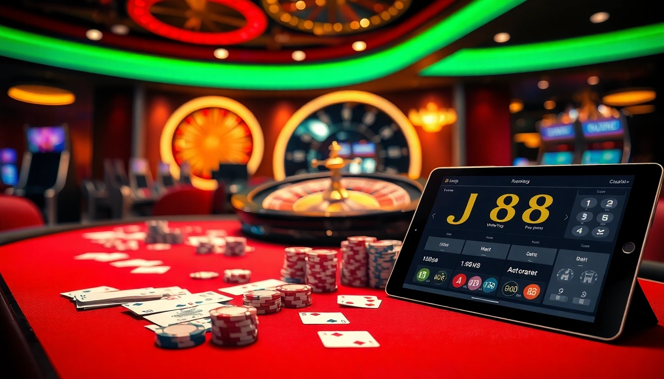 Players enjoy exciting games at J 88 casino, featuring vibrant tables and modern gambling elements.