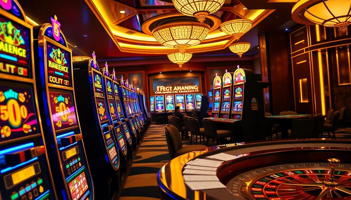 Nổ Hũ Đổi Thưởng reveals thrilling excitement at a luxury casino with slot machines and poker tables.
