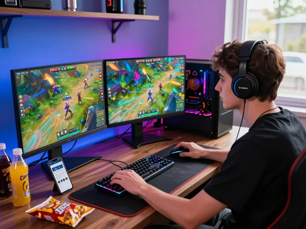 Engaging scene showcasing link tải b52club mới nhất on smartphone and gaming setup, highlighting excitement in online gaming.