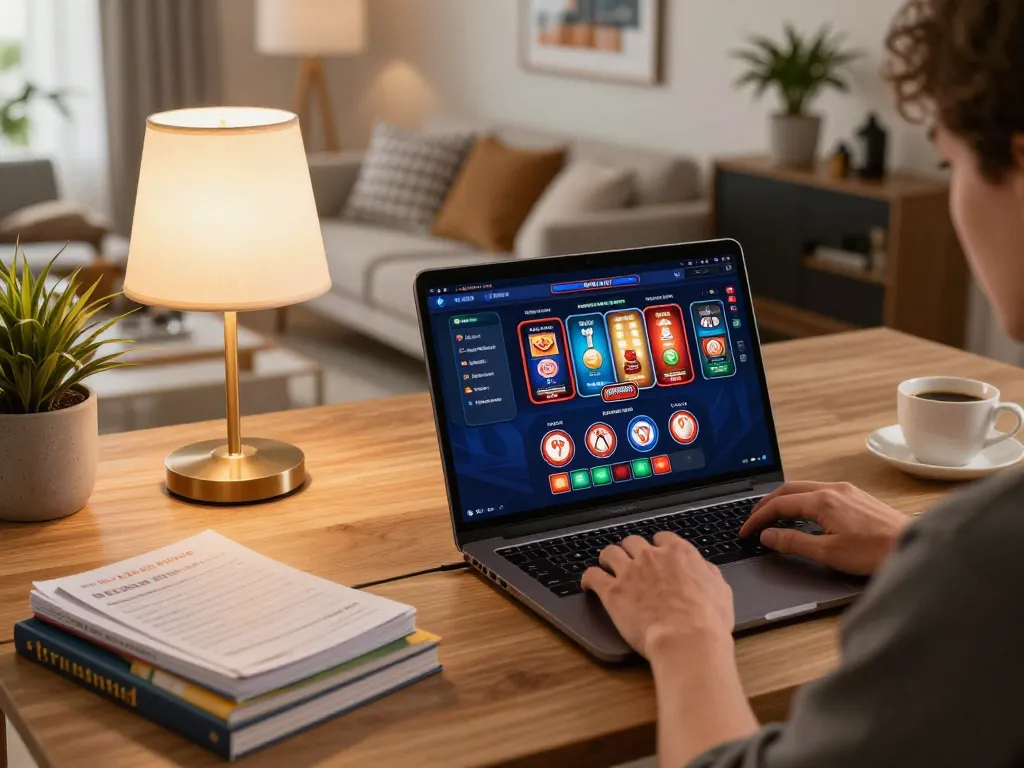 Engaged player at non gamstop casinos using laptop for online gaming strategy.