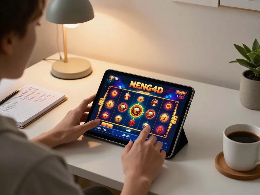 Engaging in NENG4D slot gameplay on a tablet, showcasing exciting features in a cozy home office.