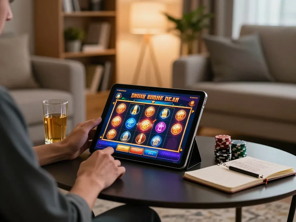 Engaging online slot gameplay on a tablet, highlighting upintogel gaming strategies in a cozy home environment.