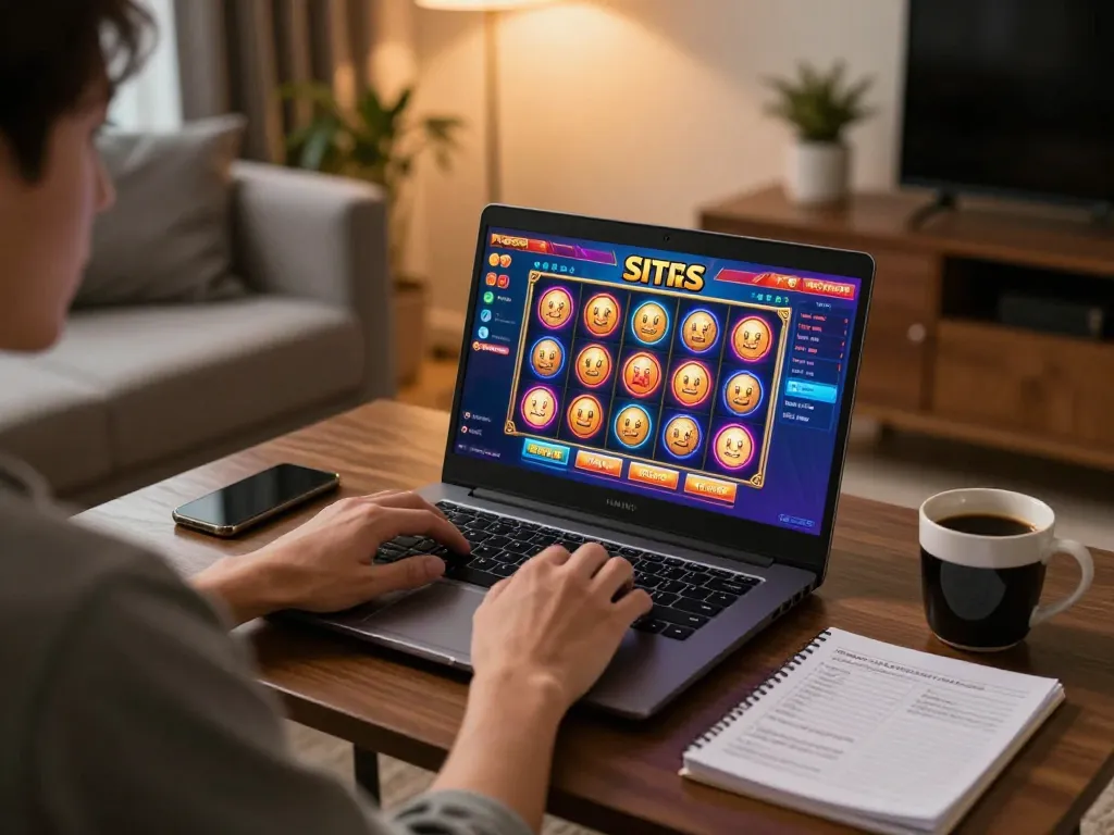 Player enjoys spinning reels on situs slot online interface during relaxing home gaming session.