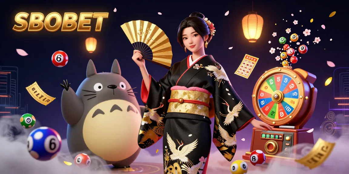 SBOBET showcases an elegant Asian woman in a kimono, dynamic casino elements, and a charming tanuki in a vibrant scene.