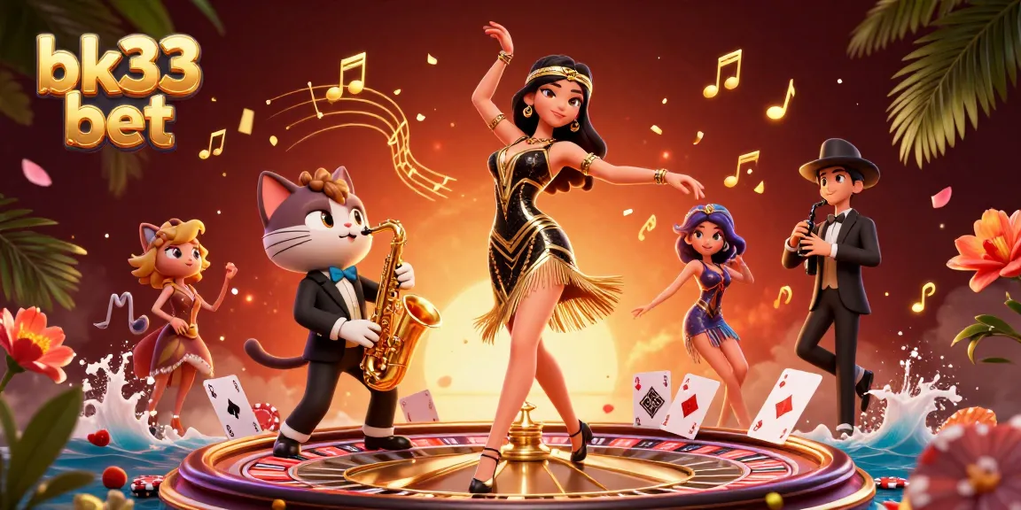 Play exciting games at bk33 bet, featuring a glamorous casino scene with vibrant characters and elements.