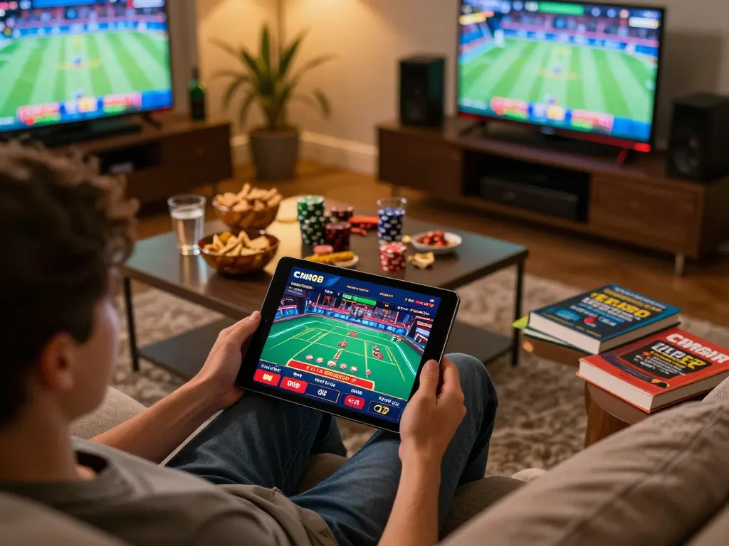 Engaging player enjoying cm88 live dealer blackjack on tablet, showcasing home gaming atmosphere.