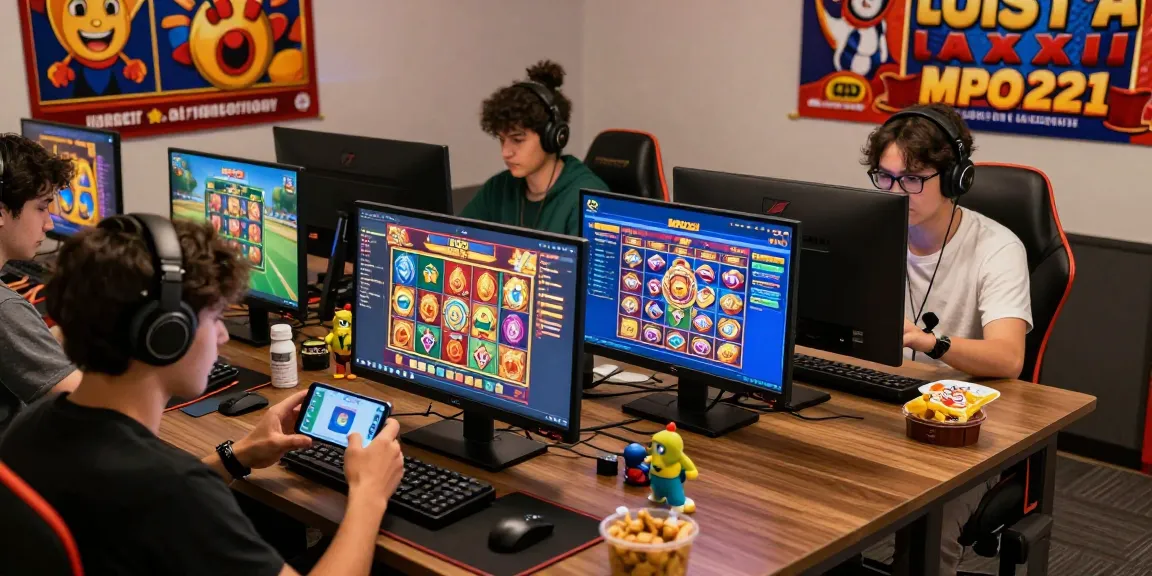 Pengalaman permainan MPO1221 online dengan pemain yang menikmati permainan slot di perangkat berwarna-warni dan grafis yang cerah