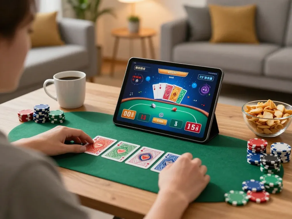 Pemain AJAIBTOTO merencanakan strategi dalam pengaturan rumah yang nyaman yang menampilkan permainan poker.