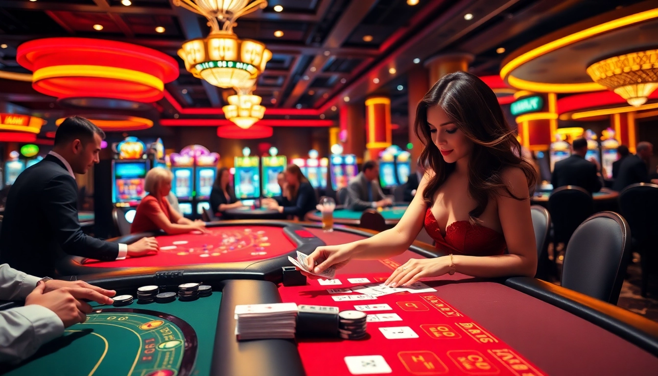 Players enjoying games at AT99 casino, surrounded by vibrant colors and lively atmosphere.