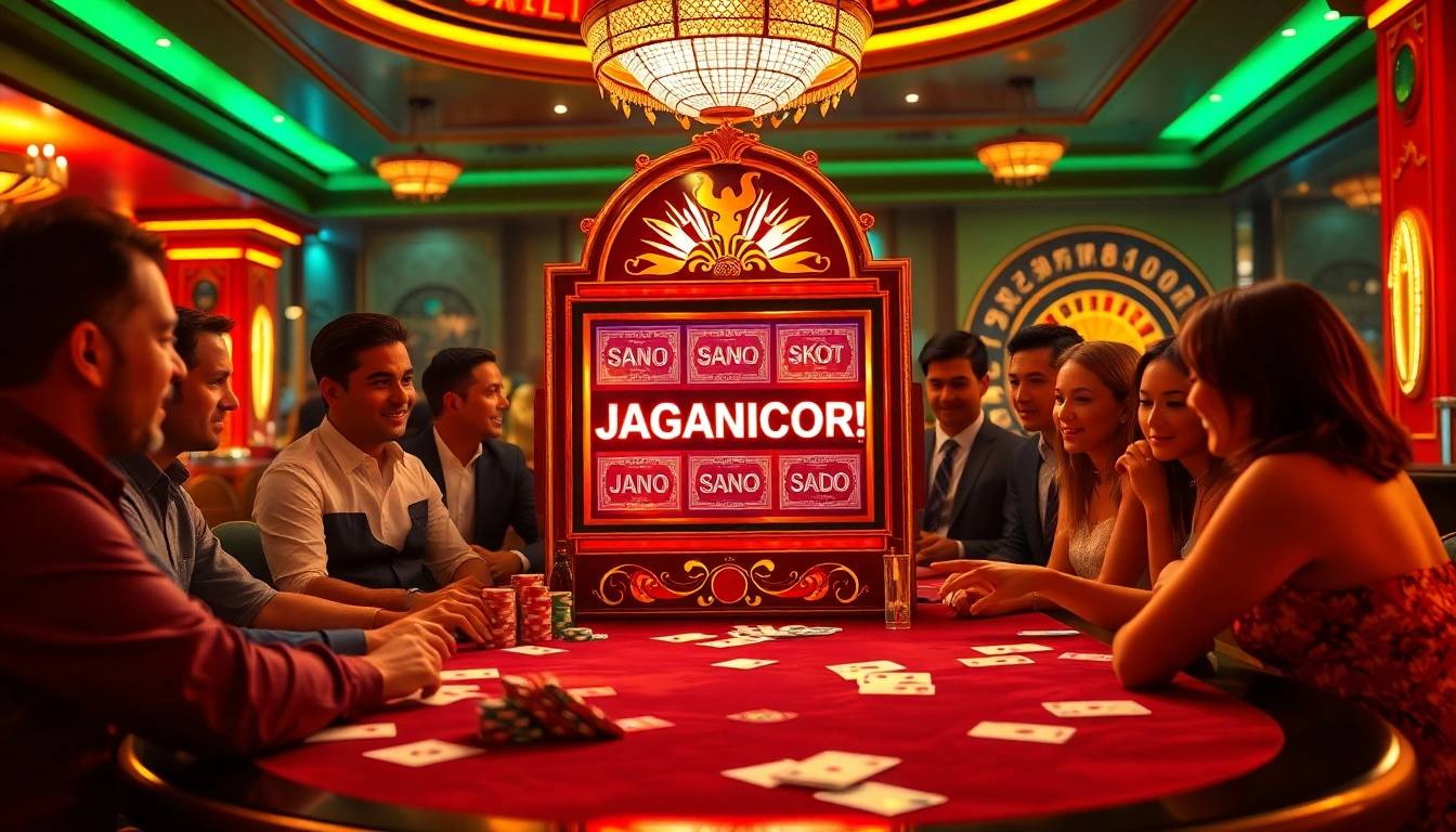 Players celebrating a winnings on the RAJAGACOR slot machine in an elegant casino.