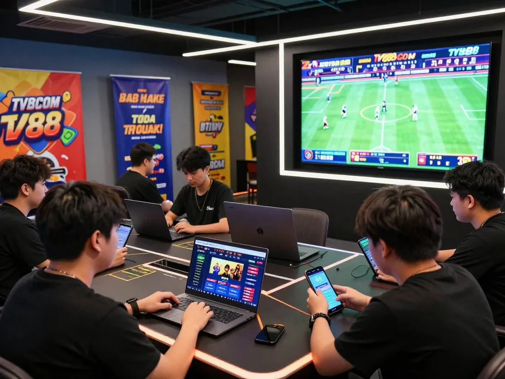 Engaged players in a vibrant online gaming lounge interacting with TV88 com, showcasing live sports betting and casino games.