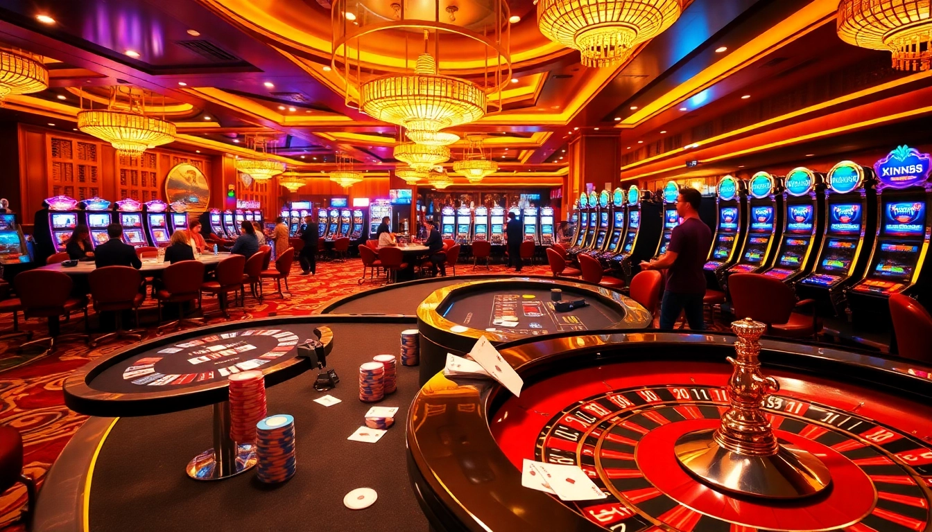 Exciting Xin88 gaming scene featuring vibrant casino tables and players enjoying poker and roulette.