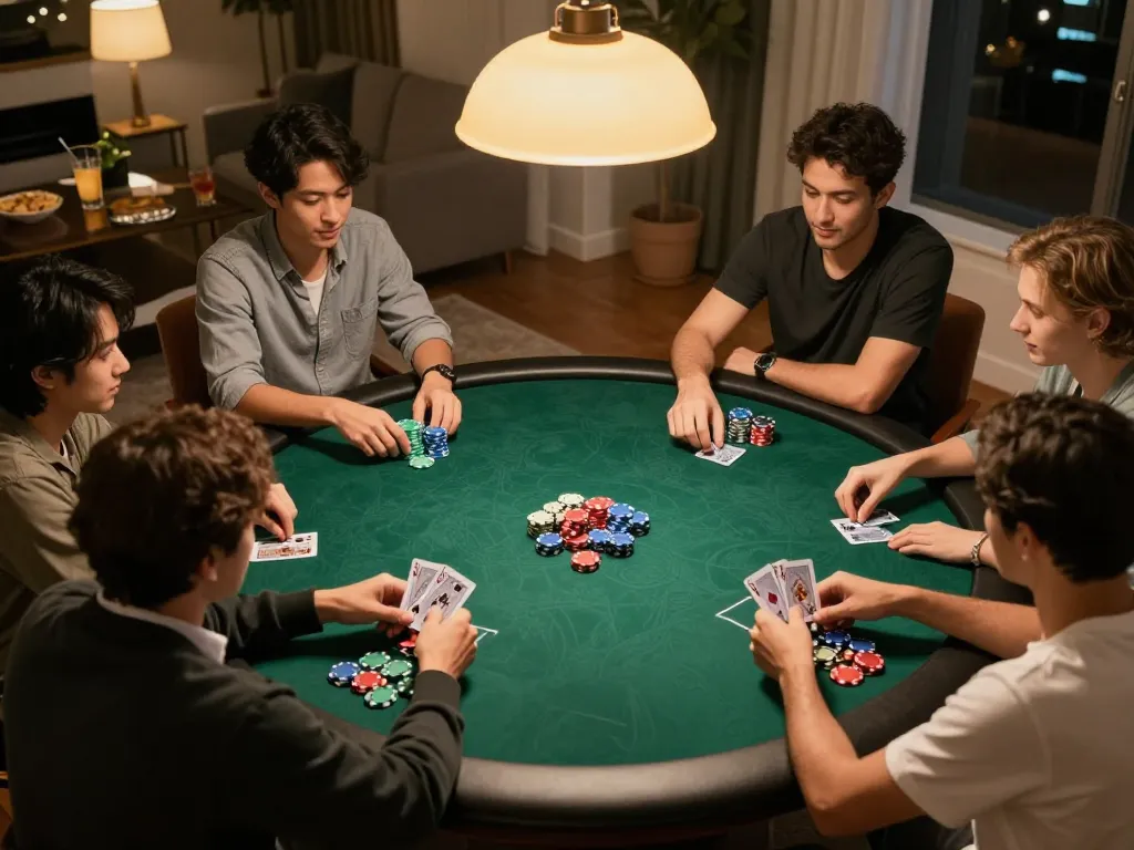Nk88 trang chủ poker game with friends enjoying a friendly competition and strategic gameplay at home.