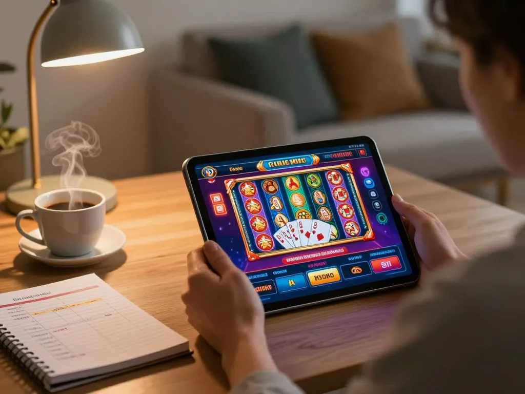 Person engaged in online gaming on their tablet, enjoying the m103 casino app from home.