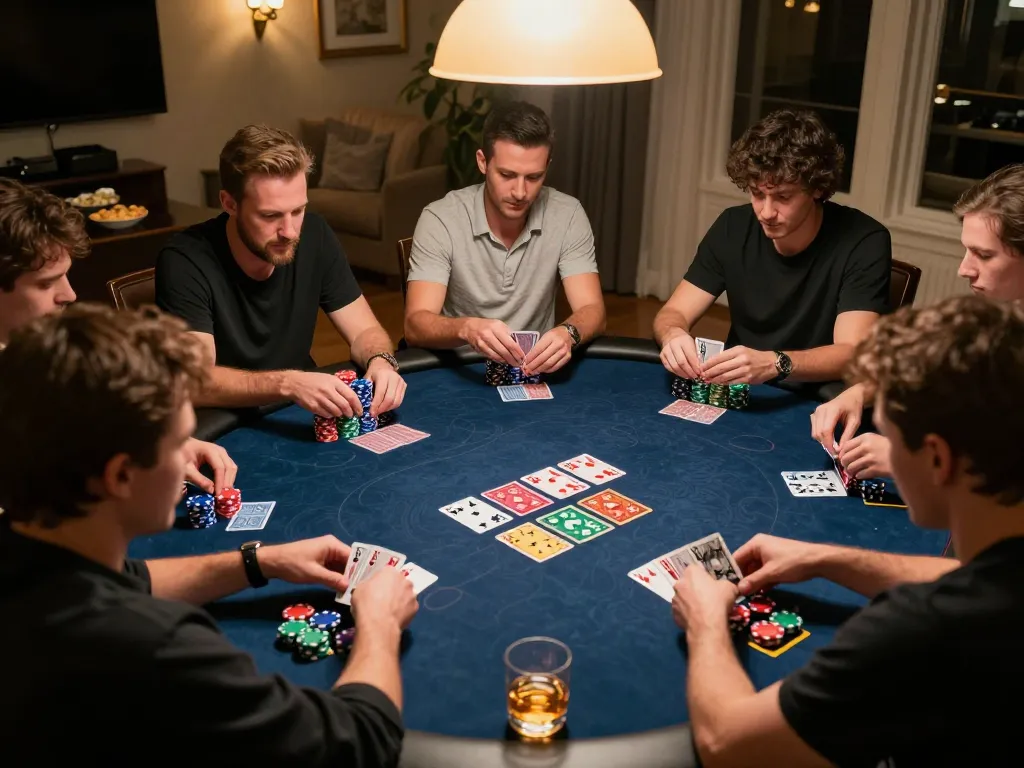 Players strategically betting in a lively home poker game showcasing skills and excitement, highlighting crosstonerestaurant.