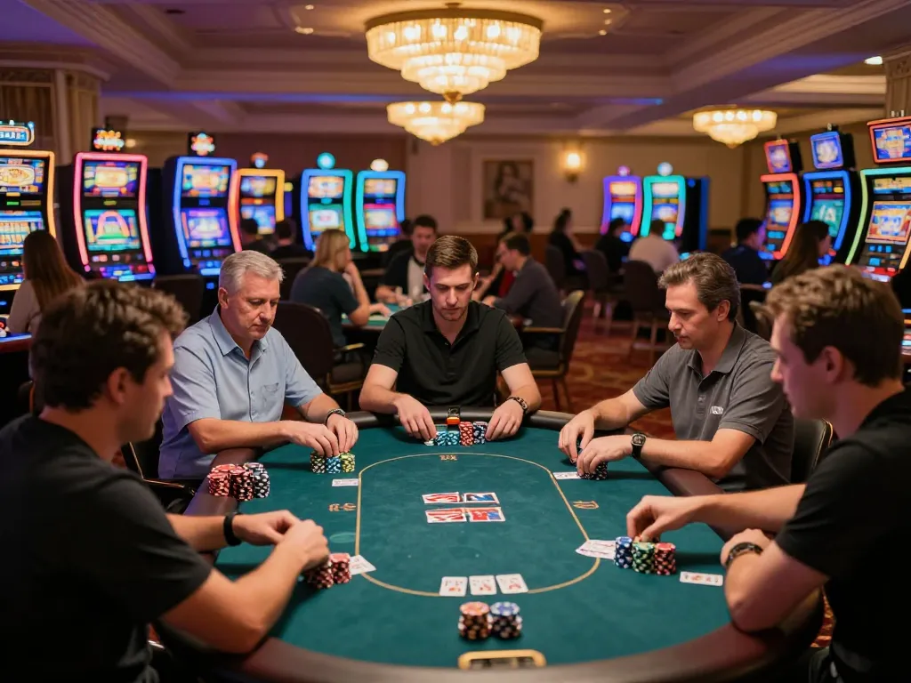 Players enjoying a vibrant poker game at GEMWIN casino, surrounded by bright slot machines and luxurious decor.