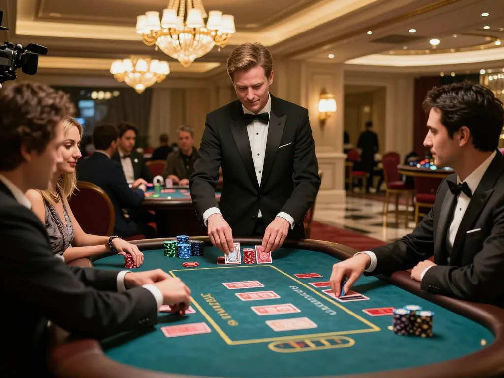 MM99 players enjoying an engaging baccarat match at a luxurious casino table, showcasing excitement and strategy.