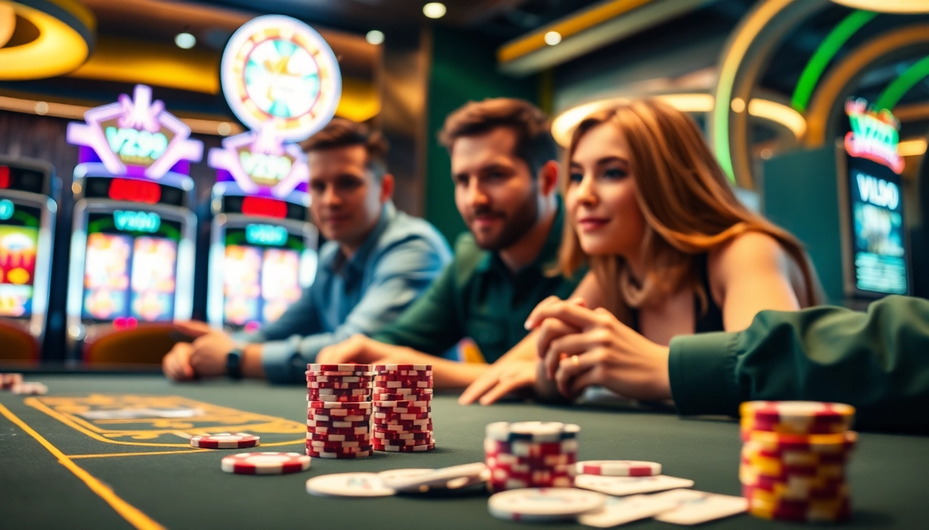 Exciting casino gameplay at vz99, featuring poker chips, cards, and illuminated slot machines.