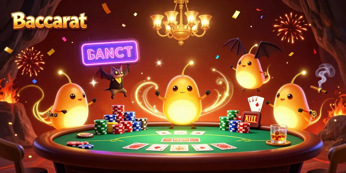 Baccarat scene featuring glowing cartoon characters in a vibrant casino environment lighting up game elements.