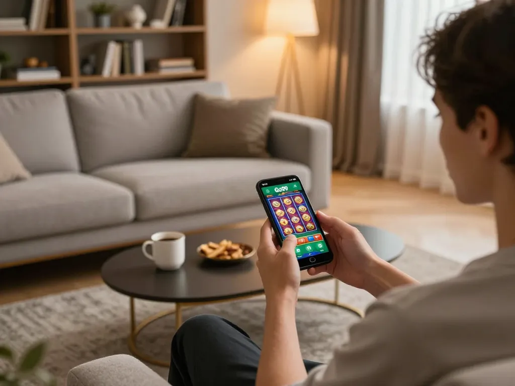 Engaging in fun gameplay on the Go99 app with a cozy atmosphere and vibrant game visuals.
