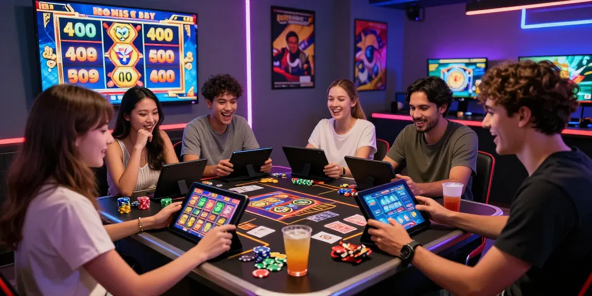 Friends enjoying bonus buy slots gaming in vibrant modern lounge with neon lights and tablets.