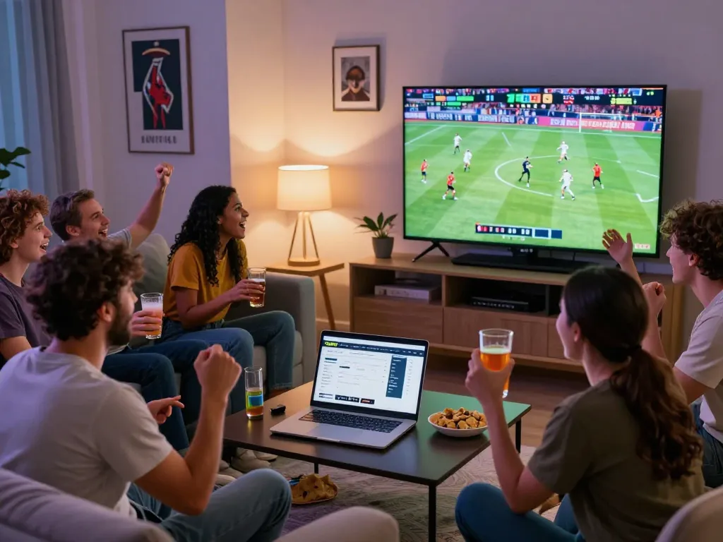 Friends enjoying zbet live sports betting in a cozy living room while cheering for their favorite team.